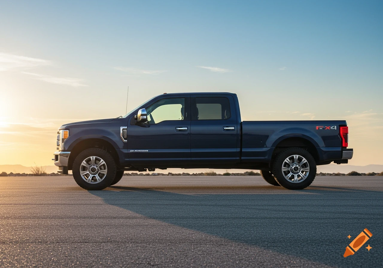 A dark blue pickup truck is parked on pavement at sunset.