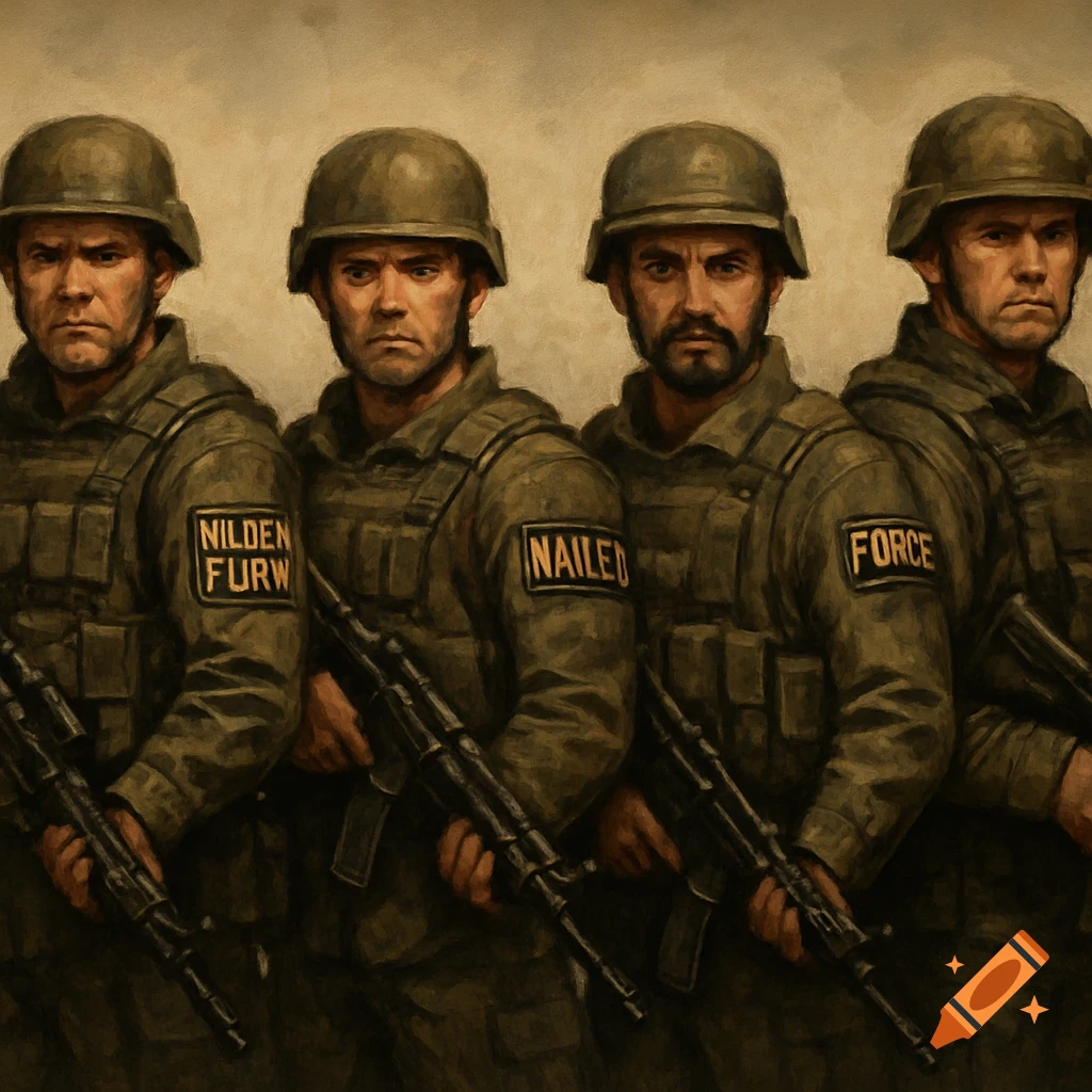 Four soldiers in military uniforms holding rifles, painted style
