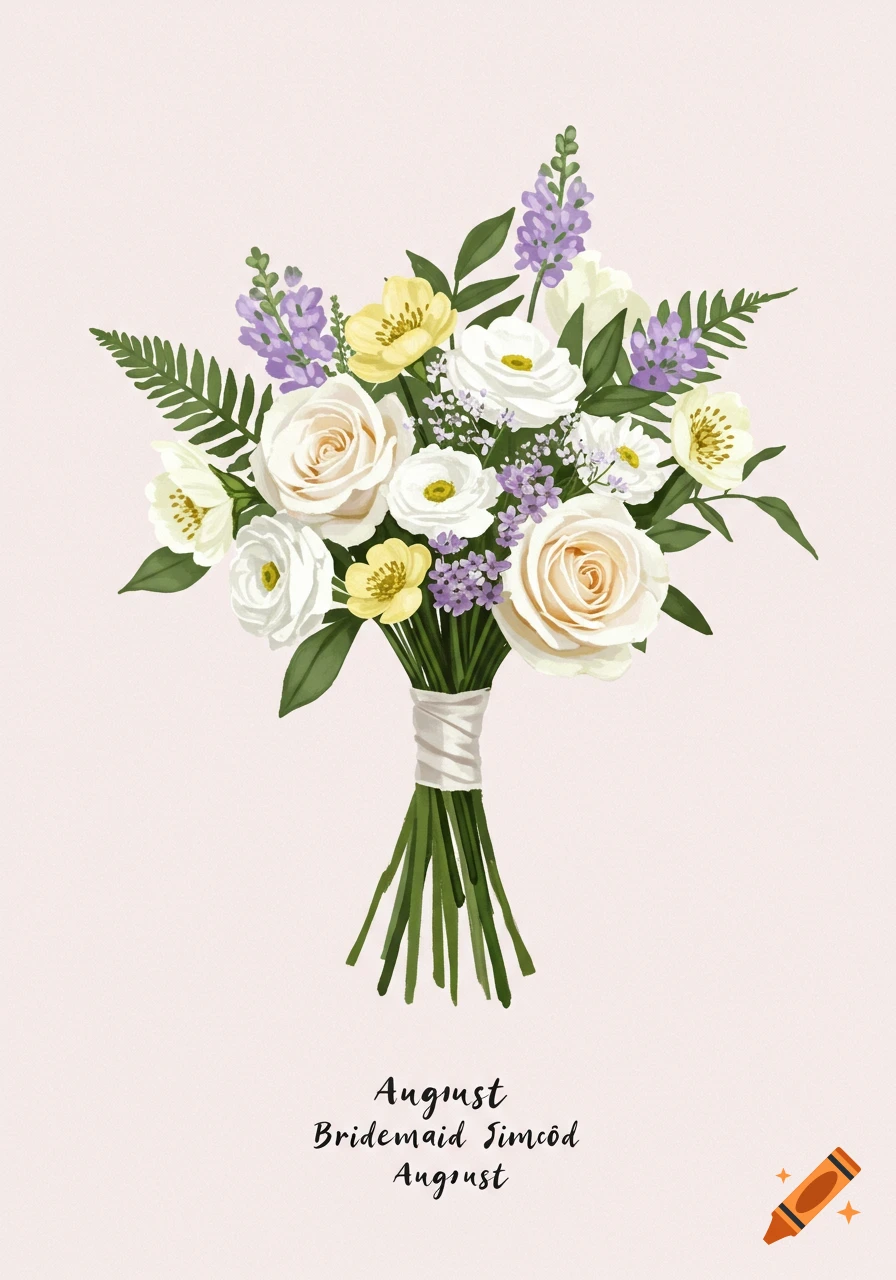 Illustration of a bouquet of white, yellow, and lilac flowers tied with ribbon on a pink background.