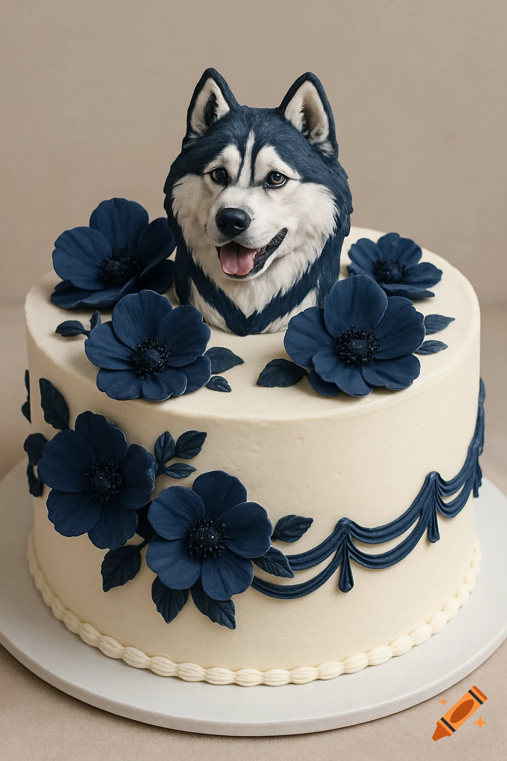 White cake decorated with navy blue flowers and a detailed husky head on top.