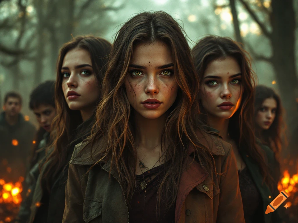 Three young women with intense expressions look forward in a dark forest setting with firelight in the background.