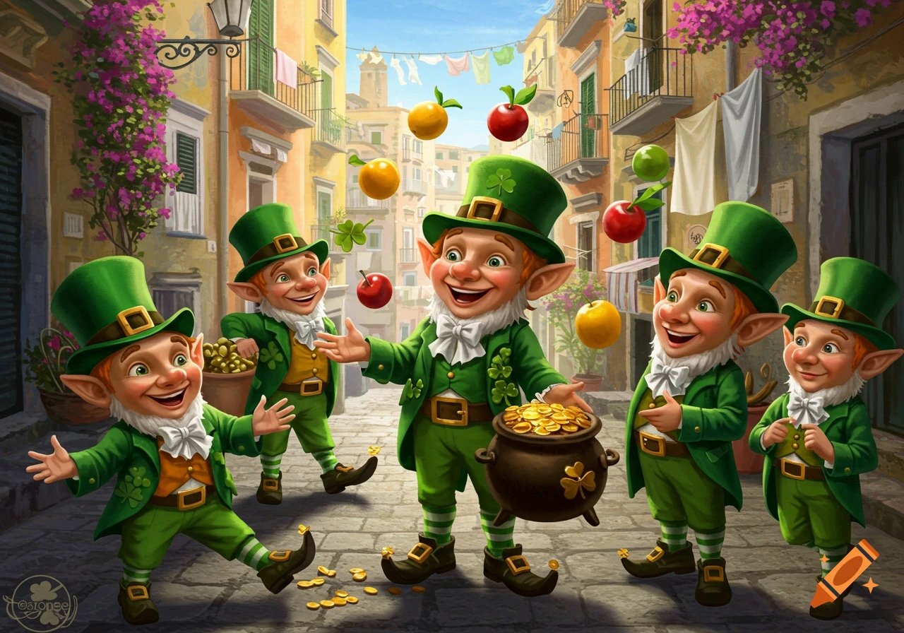 Cartoon leprechauns celebrating with gold in a sunny Mediterranean street.