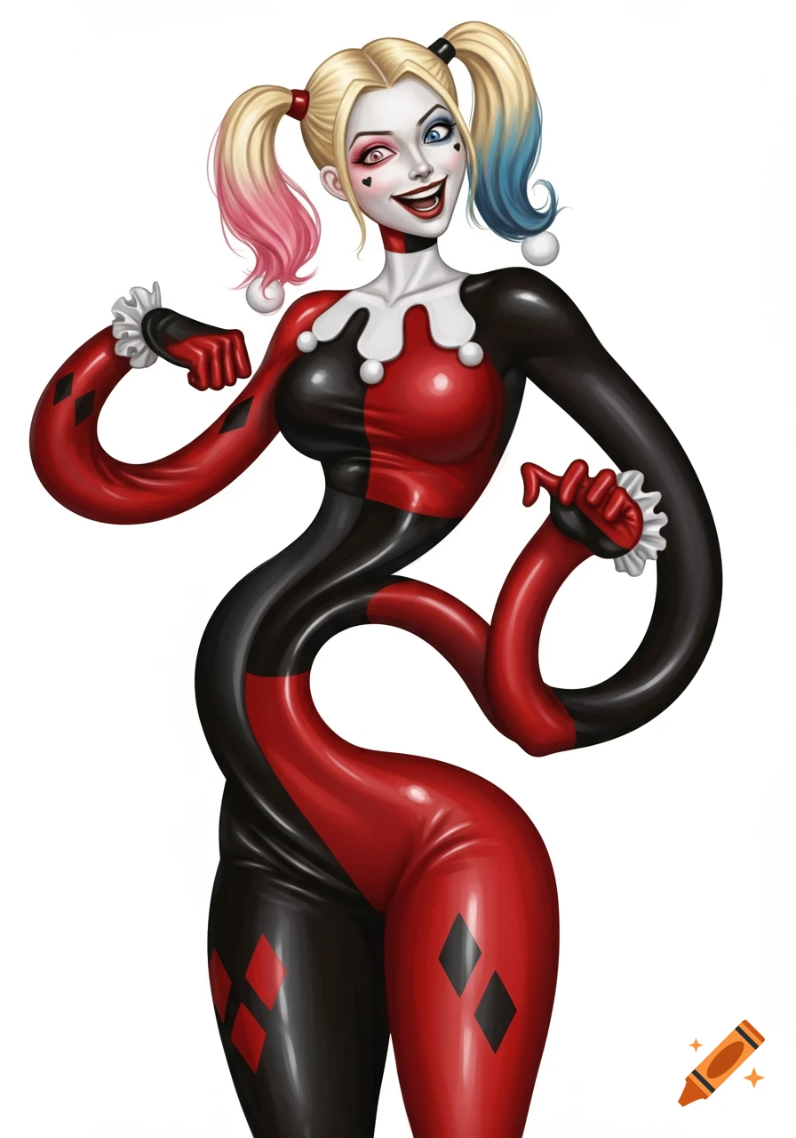 A stretched and distorted Harley Quinn in her red and black jester outfit.