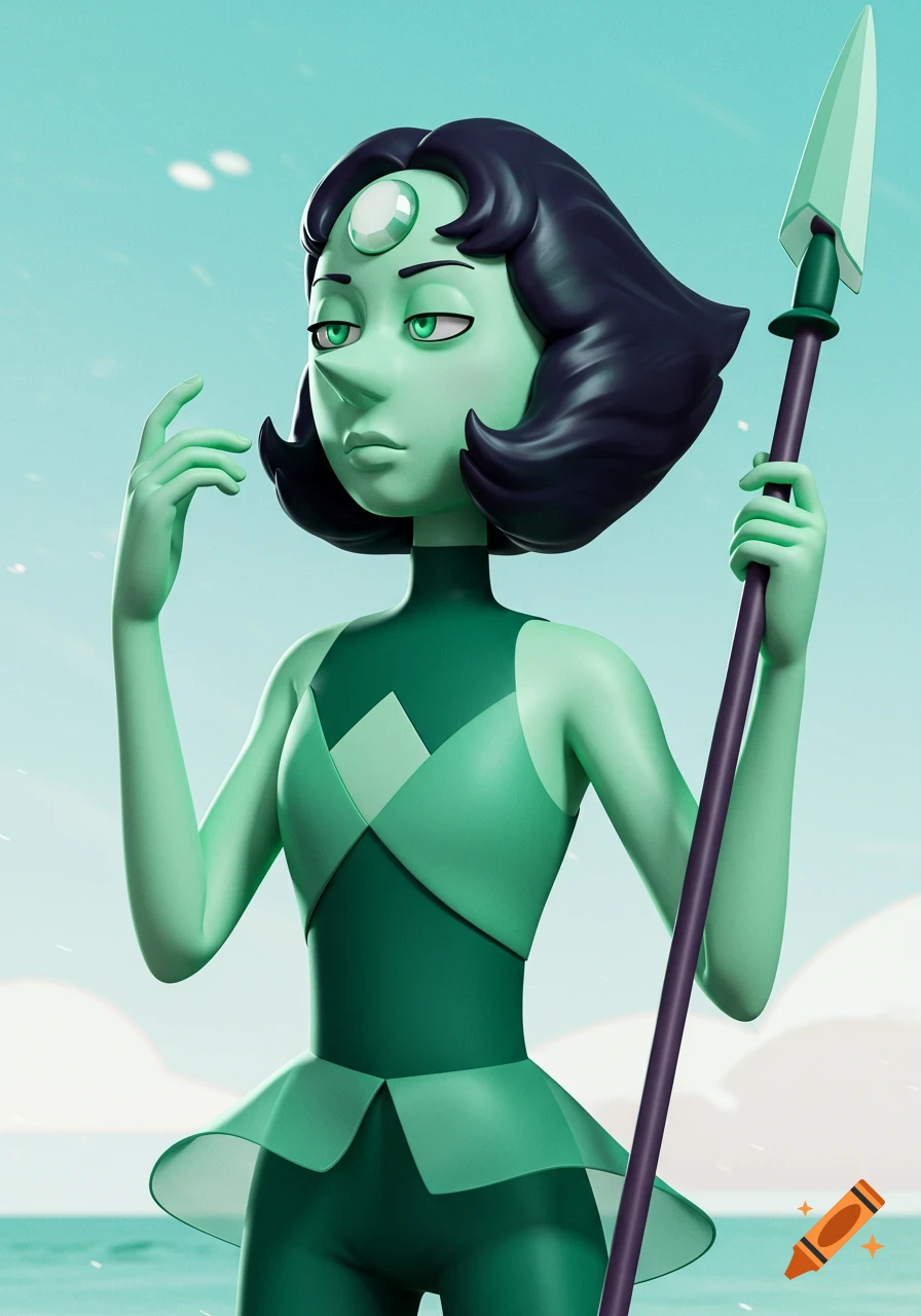 3D render of a green character resembling Pearl holding a spear