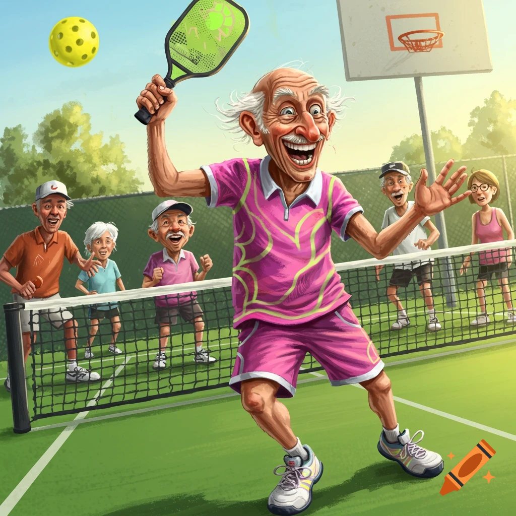 Illustration of enthusiastic seniors playing pickleball on an outdoor court.