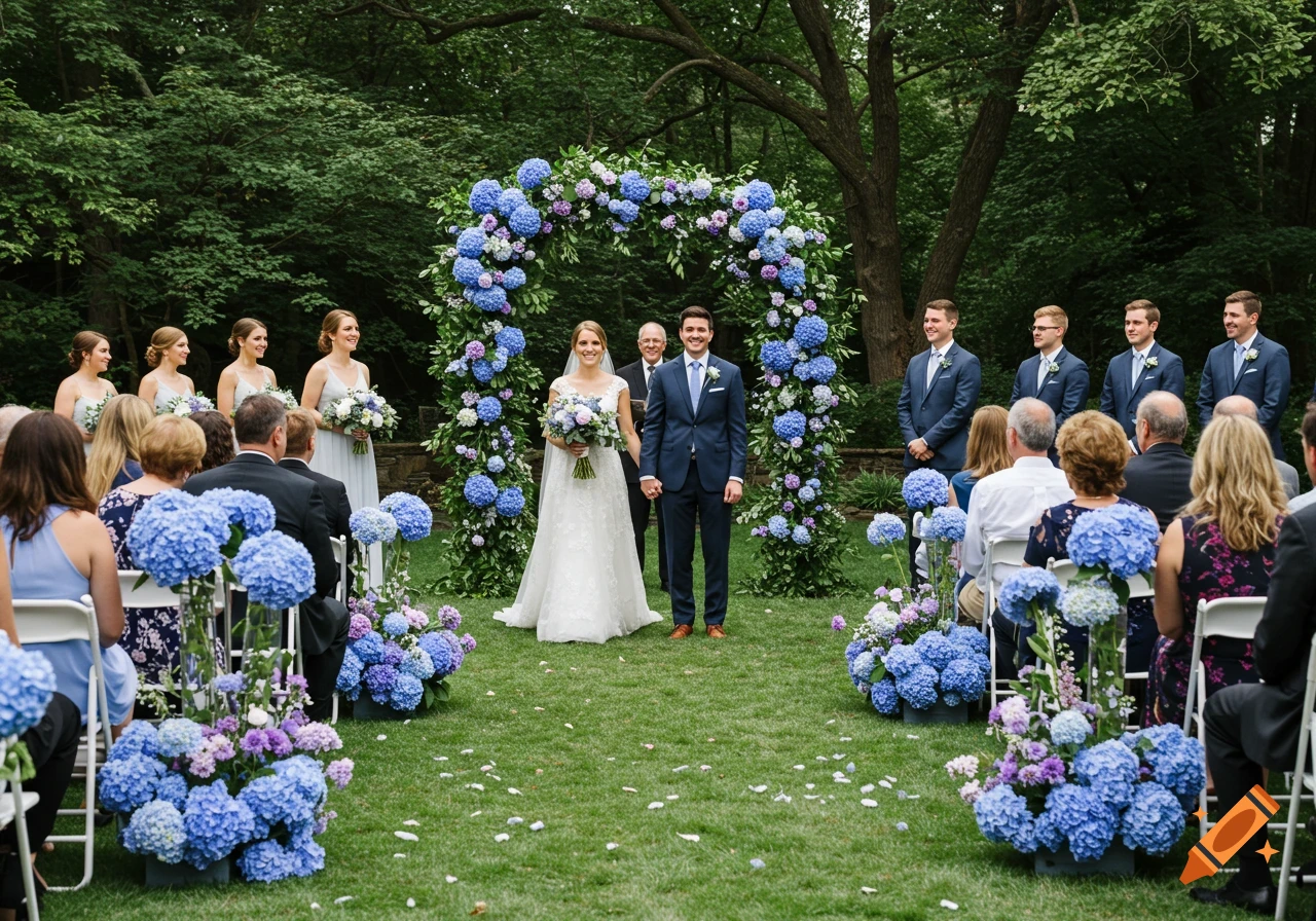 A wedding ceremony takes place outdoors with a bride and groom under an arch of blue hydrangeas and greenery.