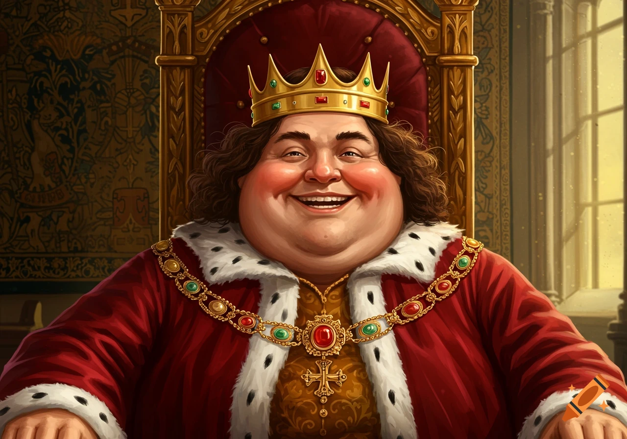 A smiling king in a red robe sits on a golden throne, wearing a crown and regal jewelry.