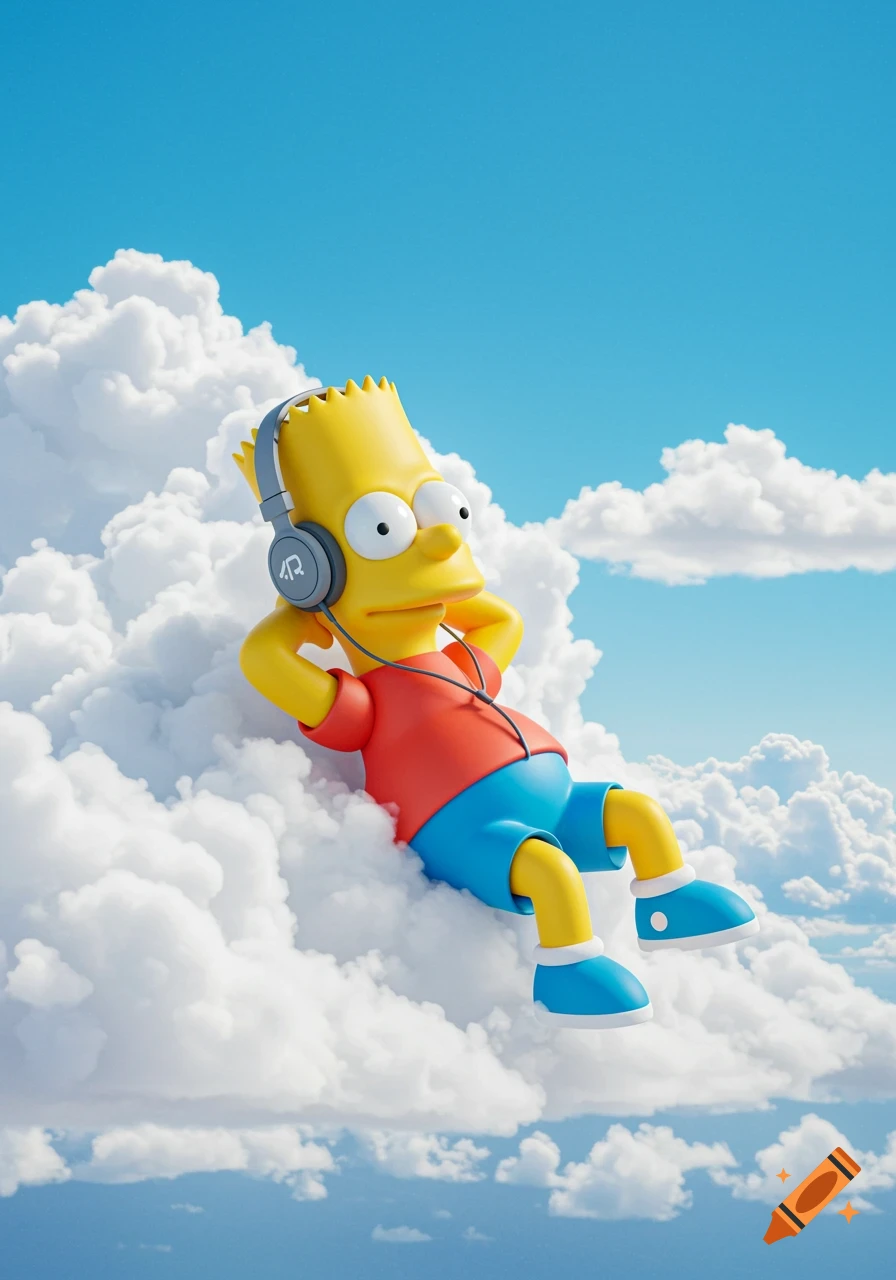 3D illustration of Bart Simpson relaxing on a cloud, listening to music with headphones.