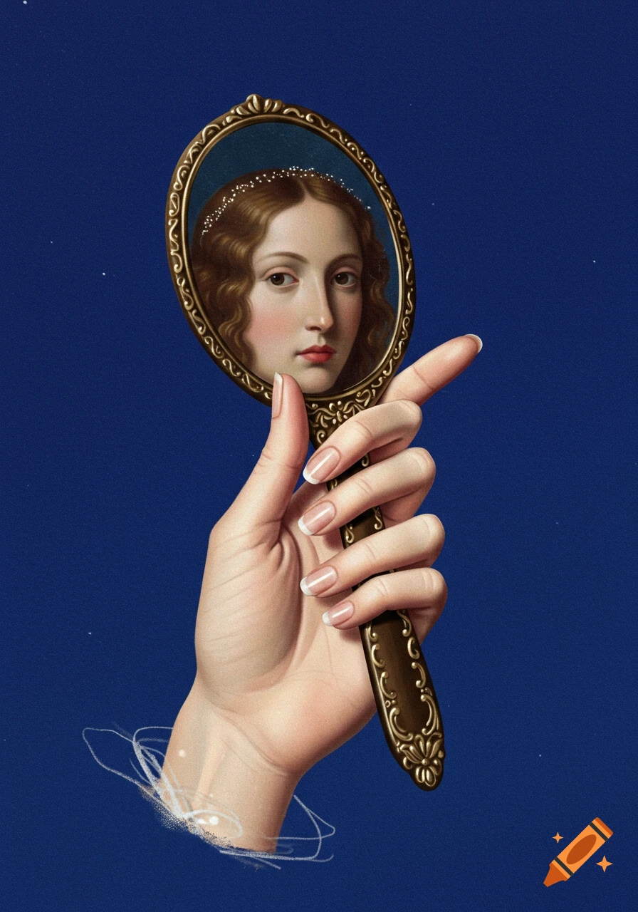 Drawing of a hand holding an ornate mirror reflecting a woman's face on a blue background.