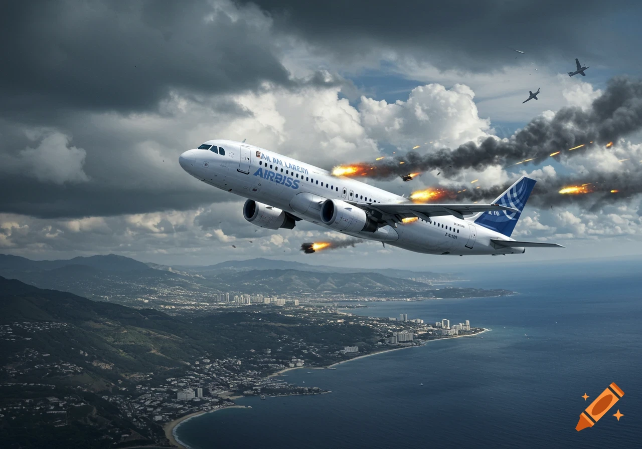 Photorealistic image of a passenger jet being attacked by flak fire over a coastal city.