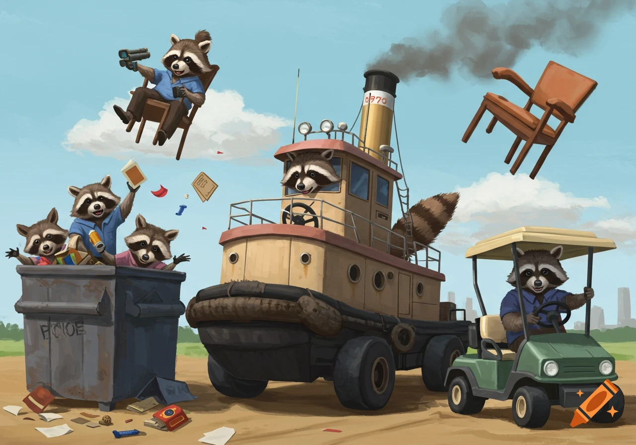 Cartoon raccoons in a tugboat, dumpster, flying chair, and golf cart.