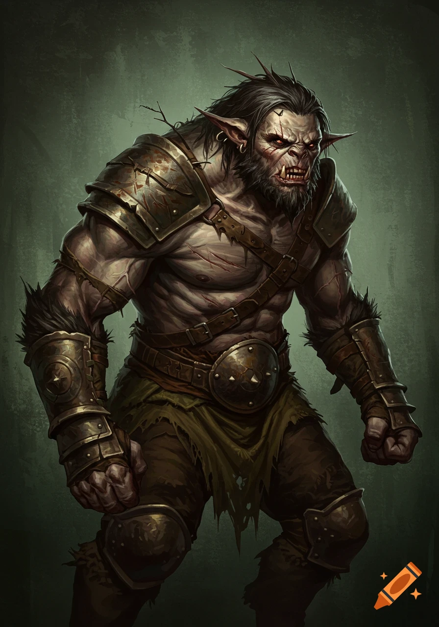 Illustrative portrait of a gritty fantasy beastman wearing battle-damaged armor