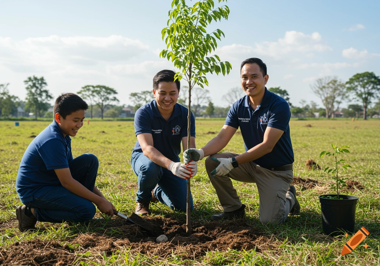 Two adults and a child planting a young tree in a grassy field on a sunny day.