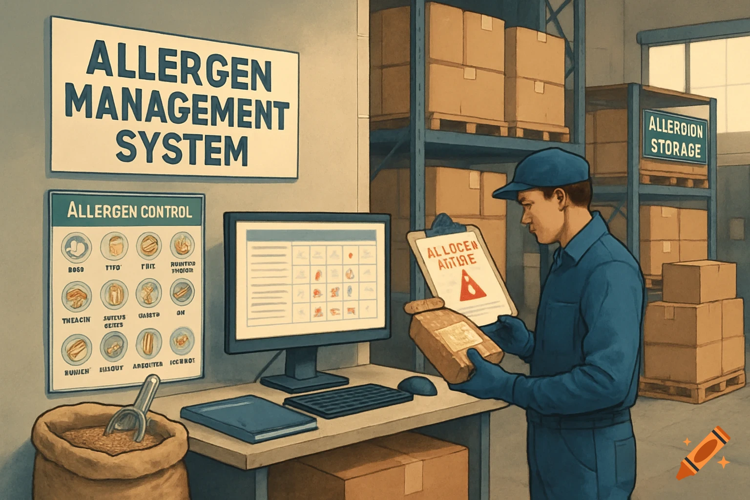A man in a blue uniform and cap works at a desk in a warehouse, examining a package and a clipboard. Signs indicate "ALLERGEN MANAGEMENT SYSTEM" and "ALLERGEN CONTROL". Shelves with boxes are behind him.