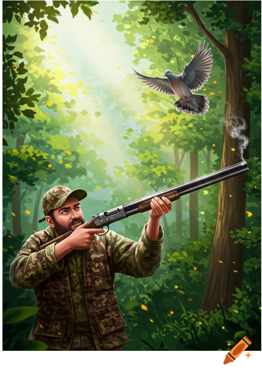 An illustration of a hunter aiming a shotgun at a dove flying in a sunlit forest clearing.