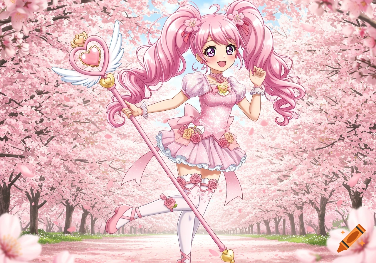 A pink-haired magical girl in a cherry blossom forest.