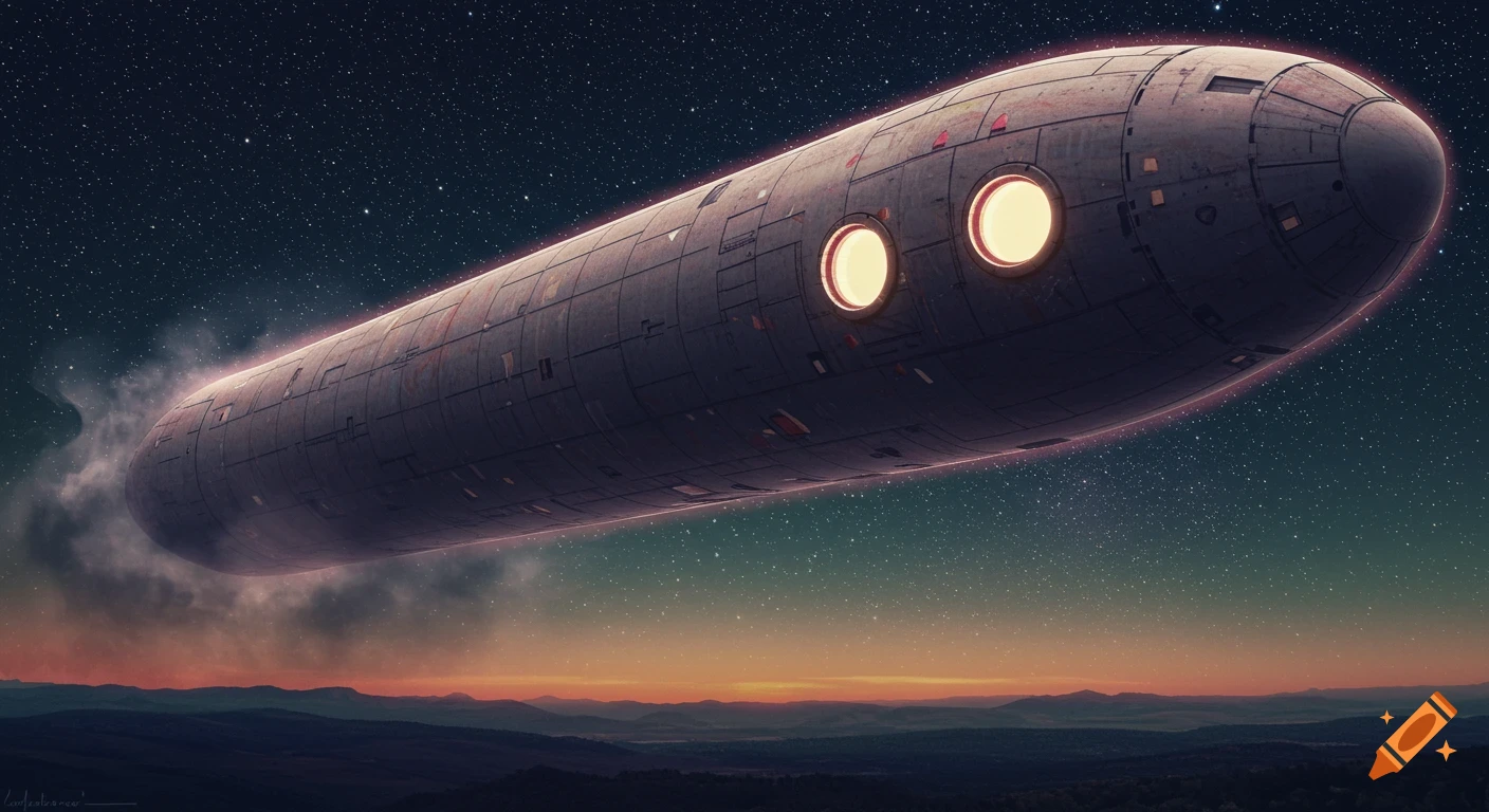 A cigar-shaped UFO with glowing windows hovers over a dark landscape under a starry night sky.