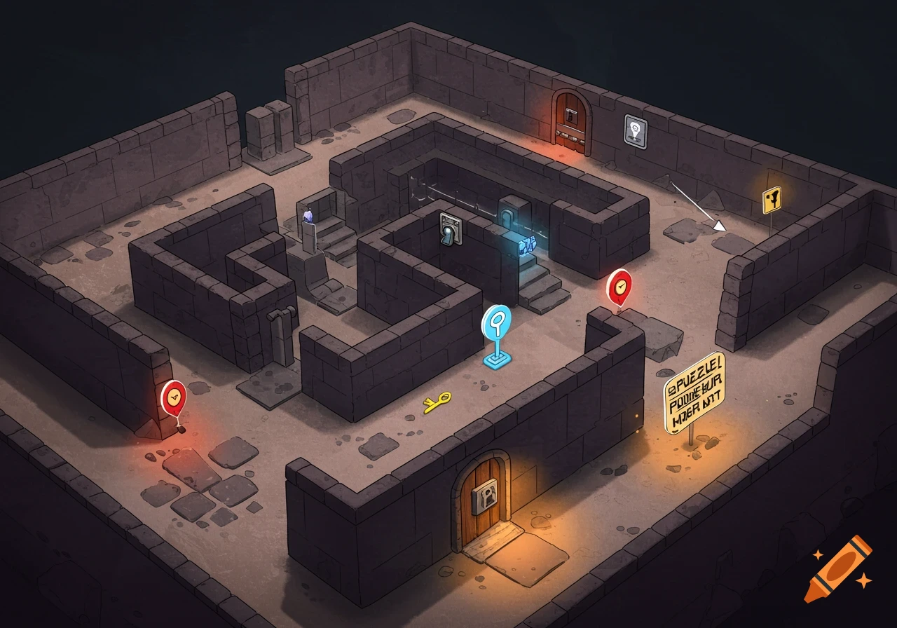 Isometric cartoon map of a dungeon level maze with walls, paths, doors, stairs, and game icons including a key, puzzle piece, map markers, and a sign.