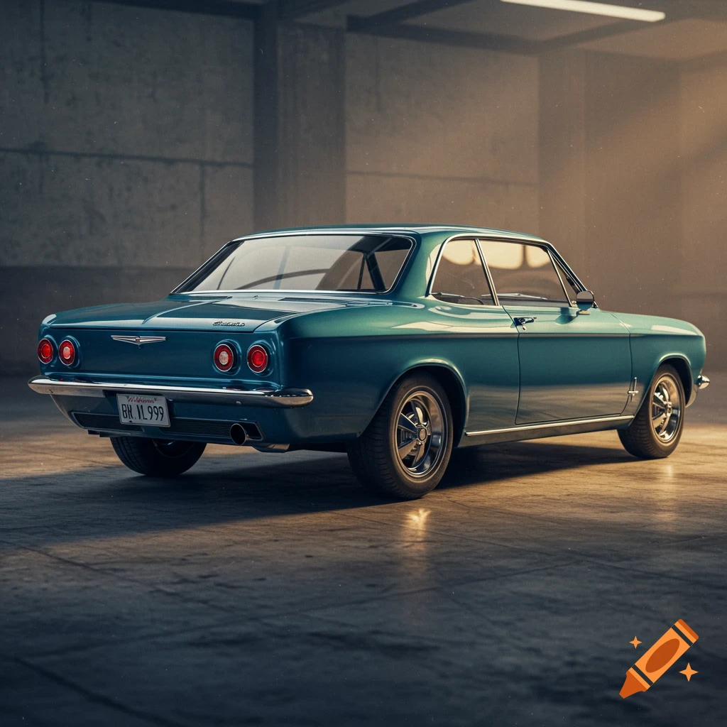 A teal classic Chevrolet Corvair car parked in a concrete garage.