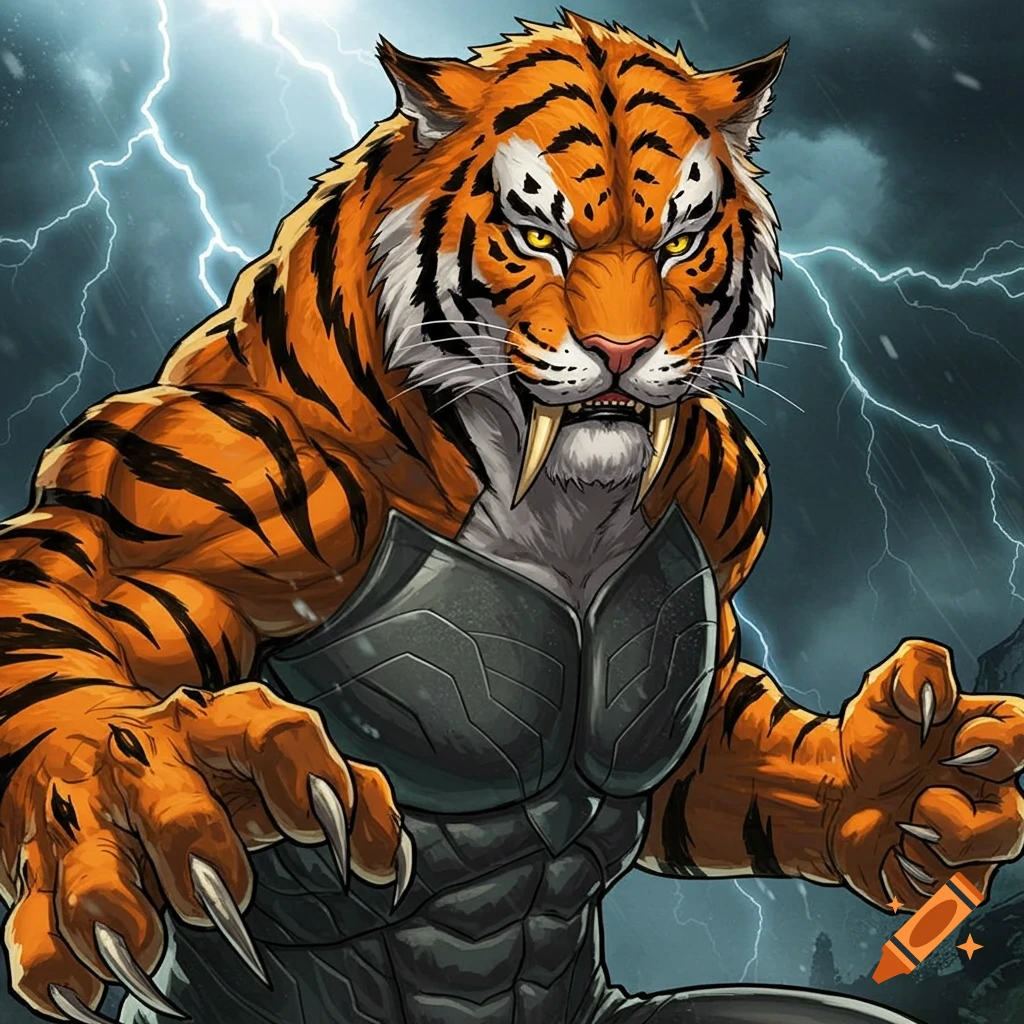 Anthropomorphic tiger superhero with saber teeth in armor, standing in a lightning storm, comic art style.