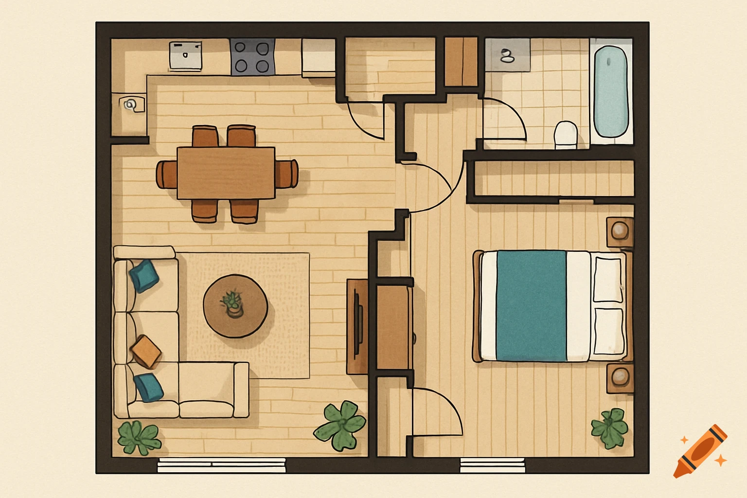 Top-down view of a simple illustrated floor plan with furniture.