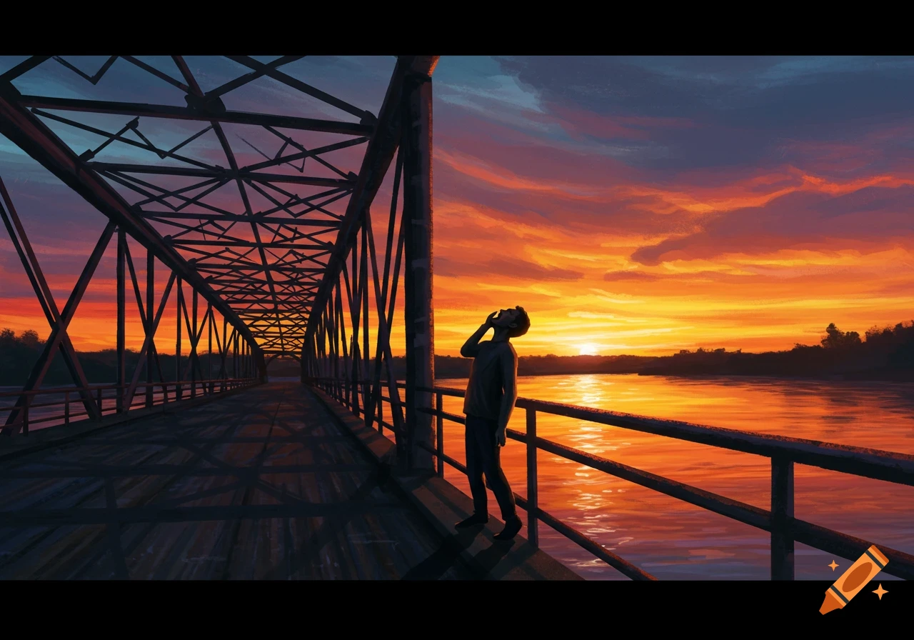 A person stands on a bridge looking up at a vibrant orange and purple sunset over a river.
