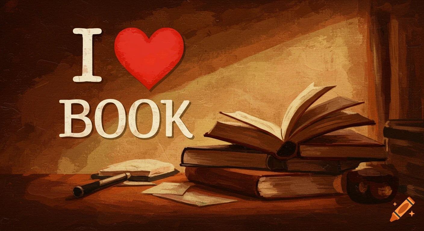 A grunge style painting of books, a pen, and ink with text 'I love book' and a heart symbol.
