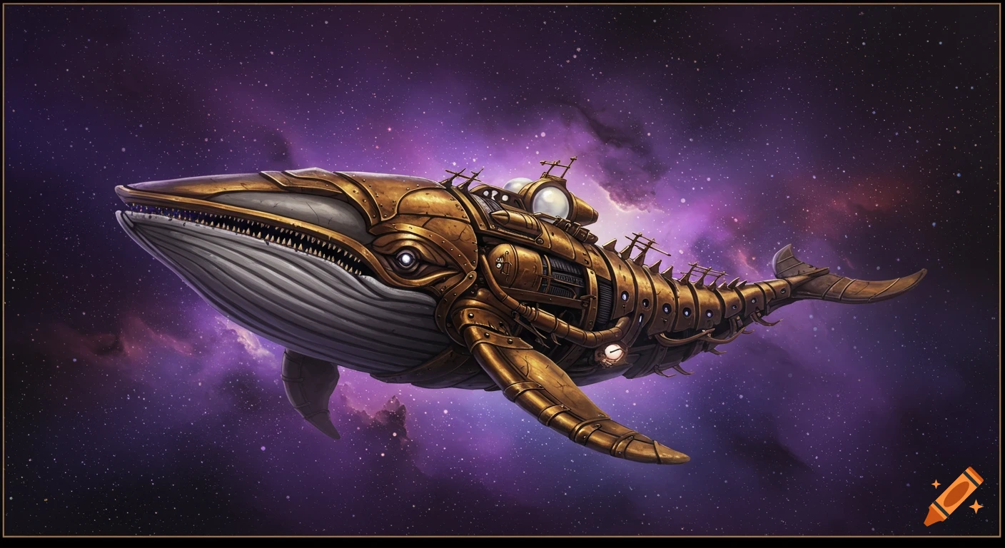 A steampunk mechanical whale flies through a starfield in purple space.