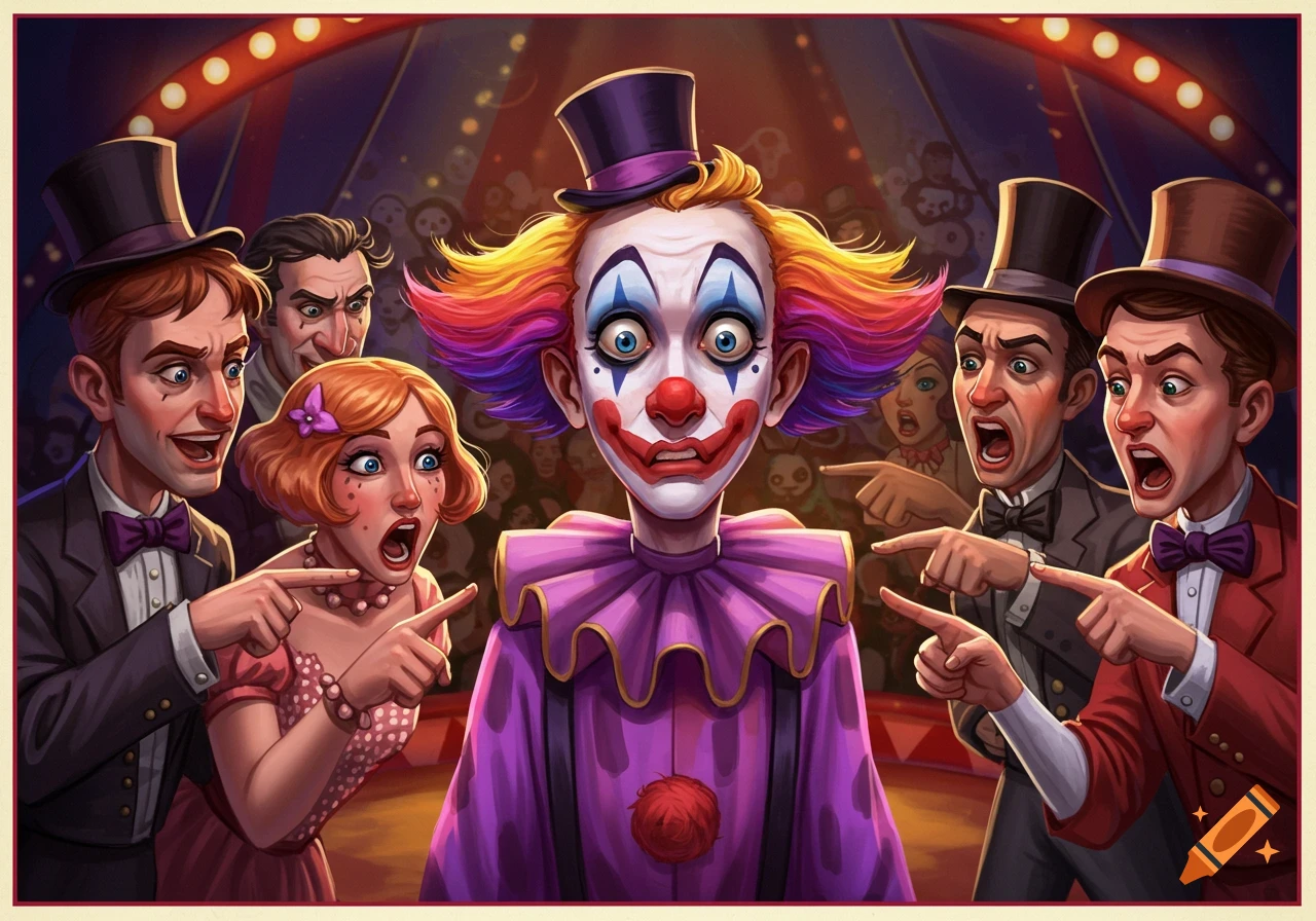 A clown in a purple costume is pointed at by several people in a circus tent, cartoon illustration style.