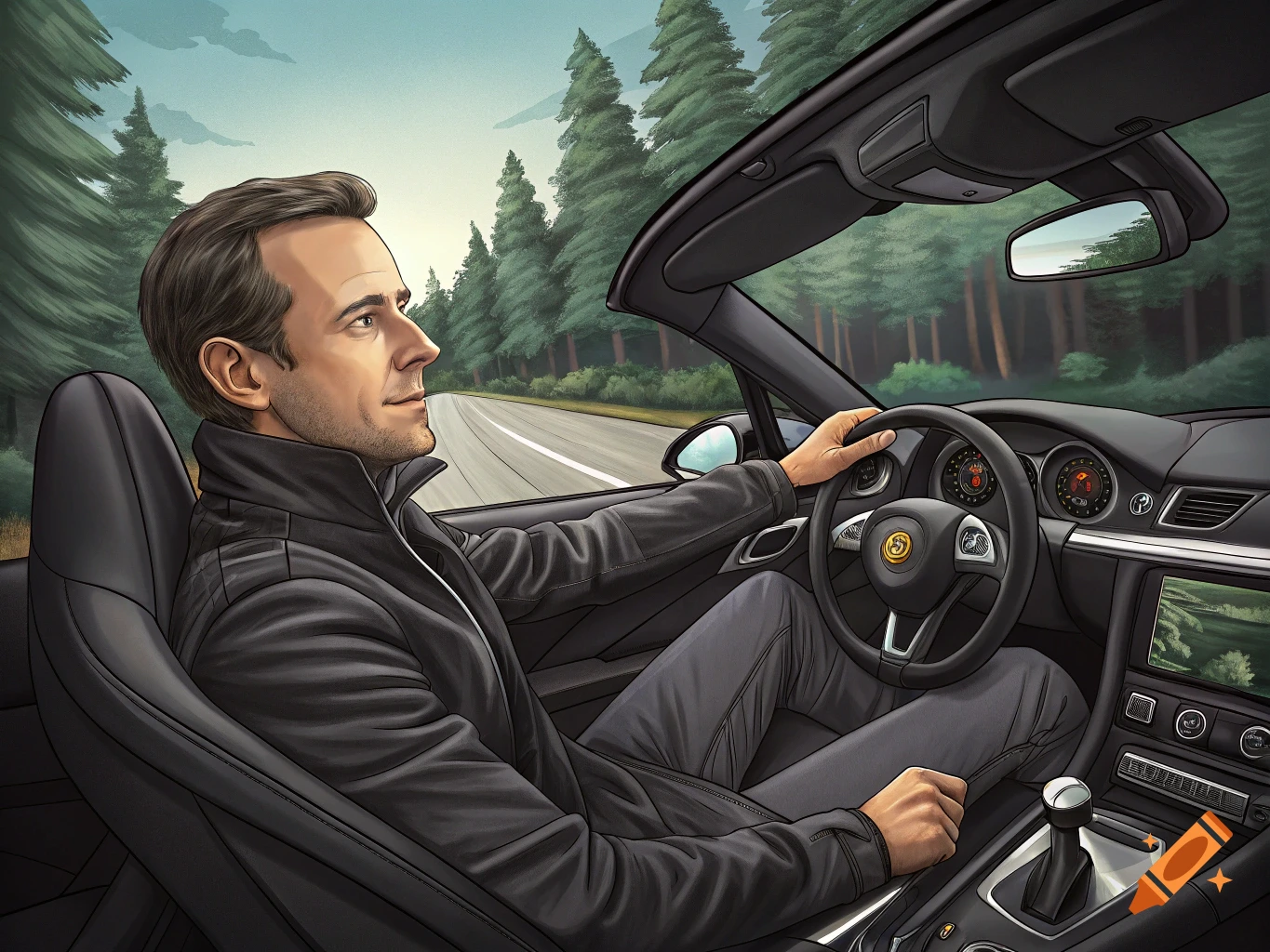 Illustration of a man driving a black convertible car on a road through a forest.