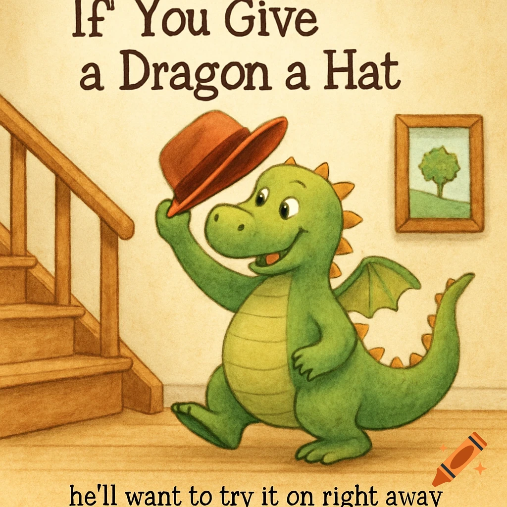 A green cartoon dragon lifts a hat indoors near stairs.
