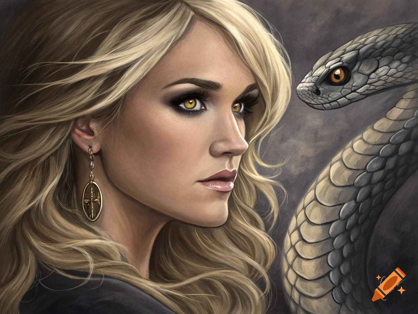 Digital painting of a woman with yellow eyes looking at a snake.
