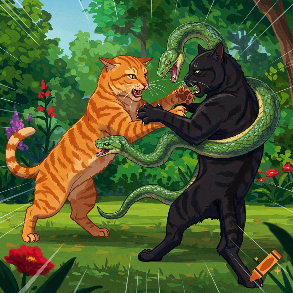 Illustration of an orange tabby cat and a black cat fighting two green snakes in a jungle.