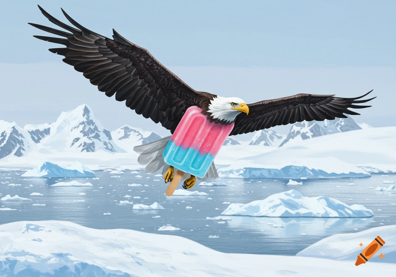 An eagle with a popsicle body flies over icy water with mountains in the background.