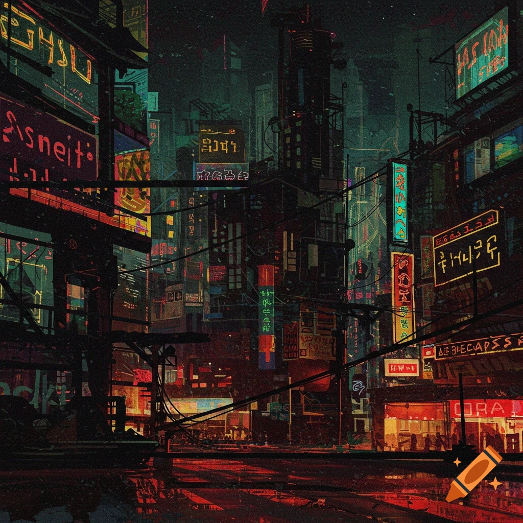 Dark, rainy cyberpunk city street scene at night with glowing neon signs and reflections on the wet ground.