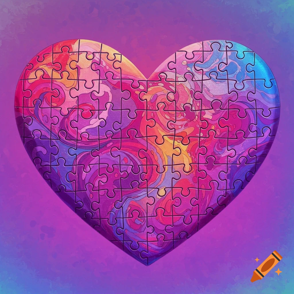 A colorful abstract pattern forms a heart-shaped jigsaw puzzle on a purple background.