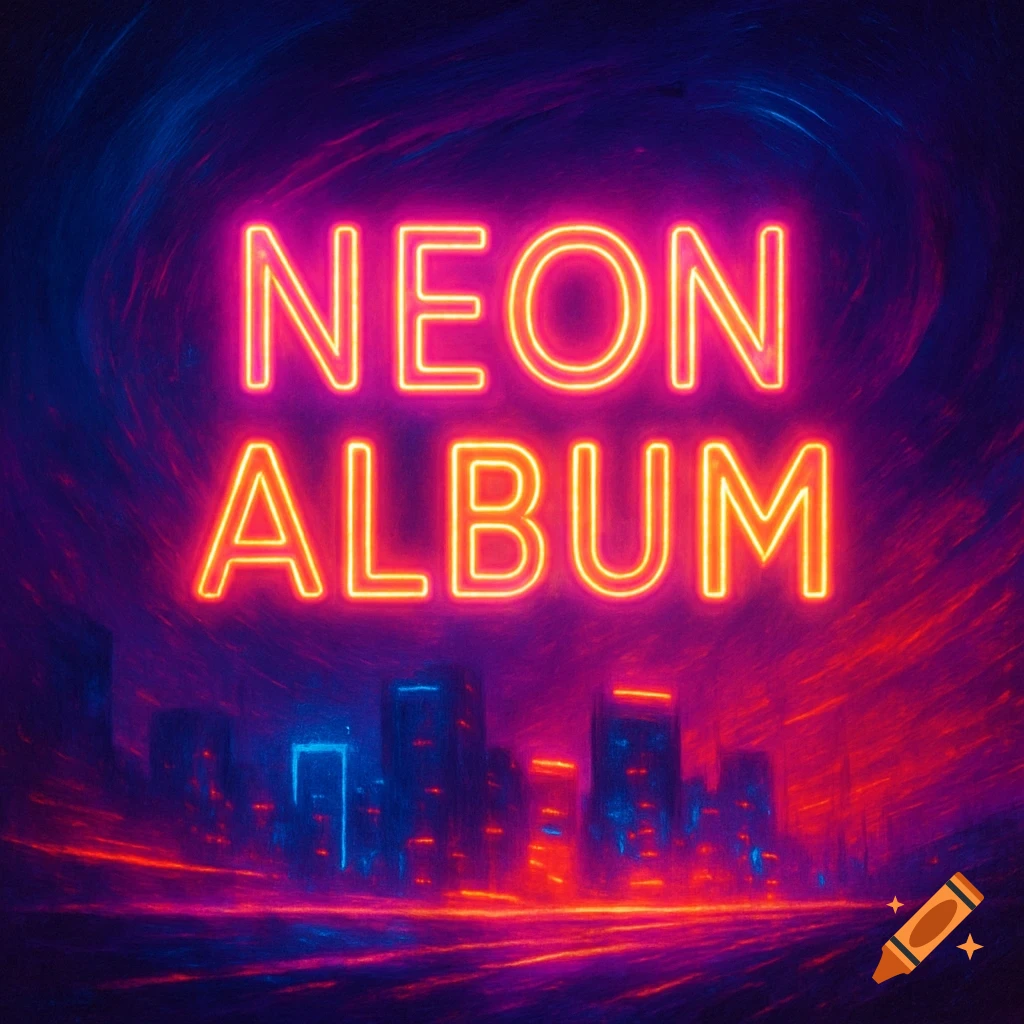 Neon sign reading NEON ALBUM over a blurred cityscape with red and blue lights, synthwave style.