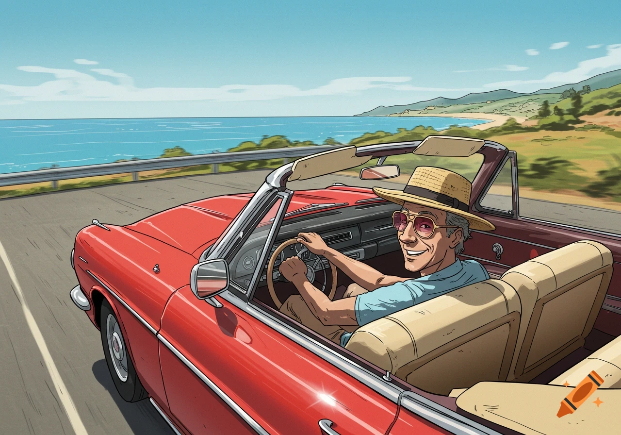 Older man driving red convertible along a coastal road, illustration style.