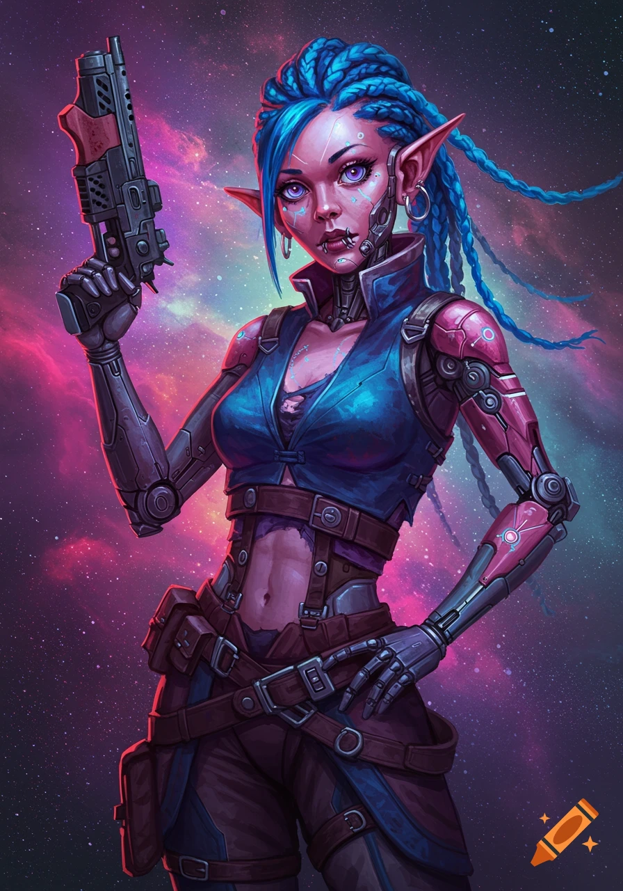 Cybernetic elf character with blue braids holding a gun in space.