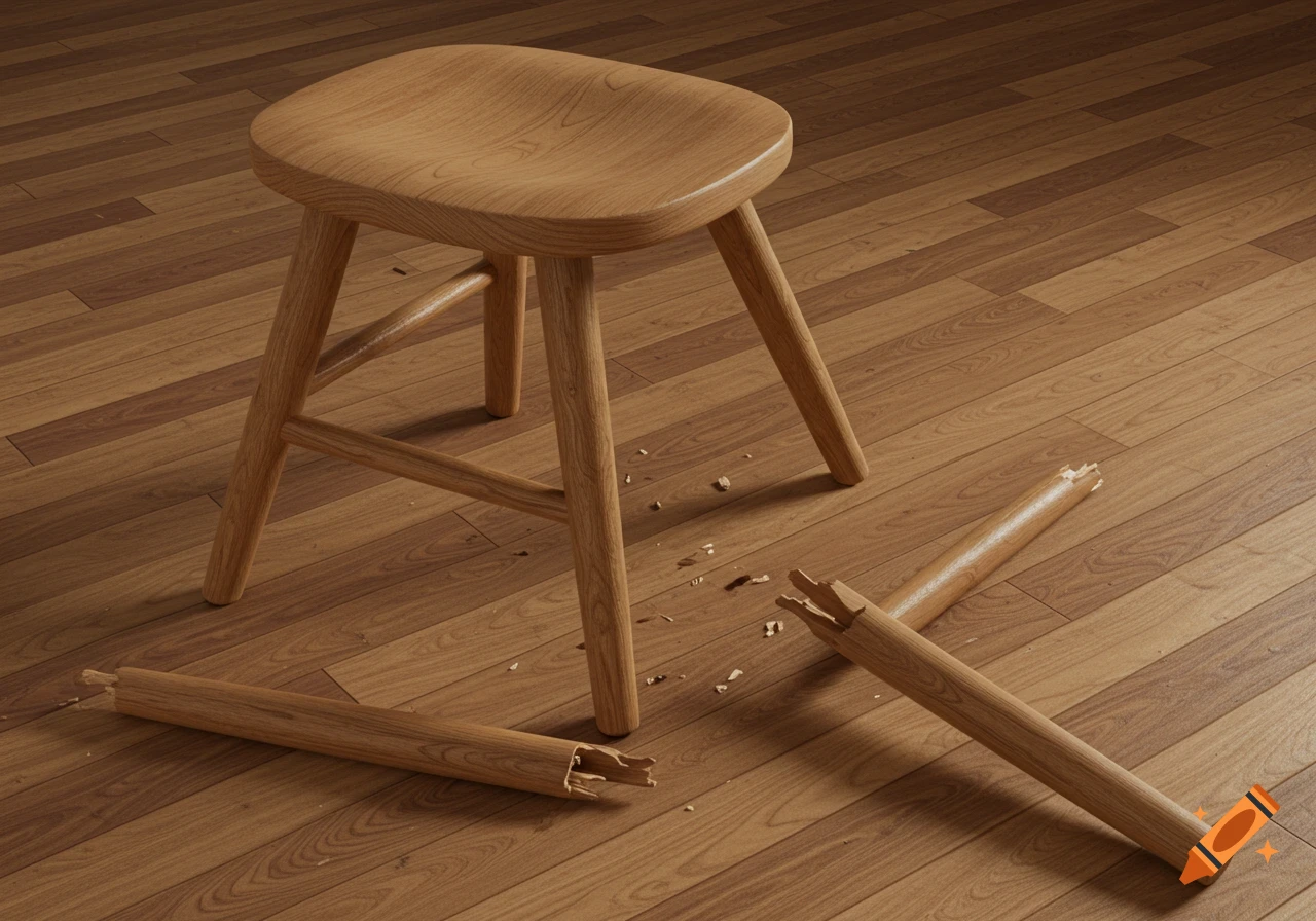 A wooden stool with two legs stands on a wooden floor next to its broken third leg.