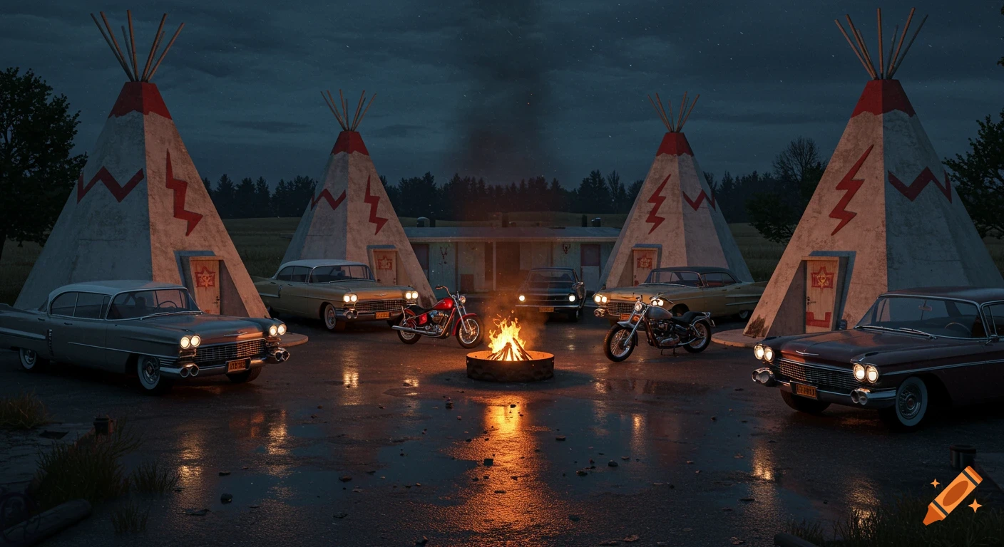Vintage cars and motorcycles parked around a bonfire between teepees at night on wet ground.