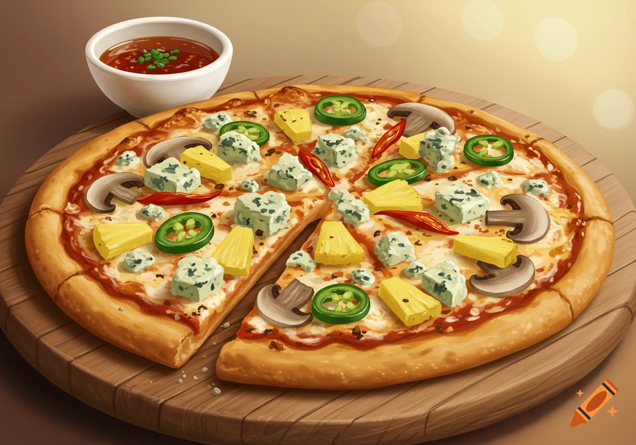 Illustrative style pizza topped with blue cheese, pineapple, mushrooms, jalapenos, and red peppers, served with a side of dip.