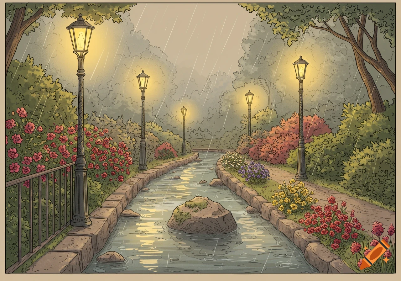 Drawing of a park stream in the rain with lit street lamps and flowers.
