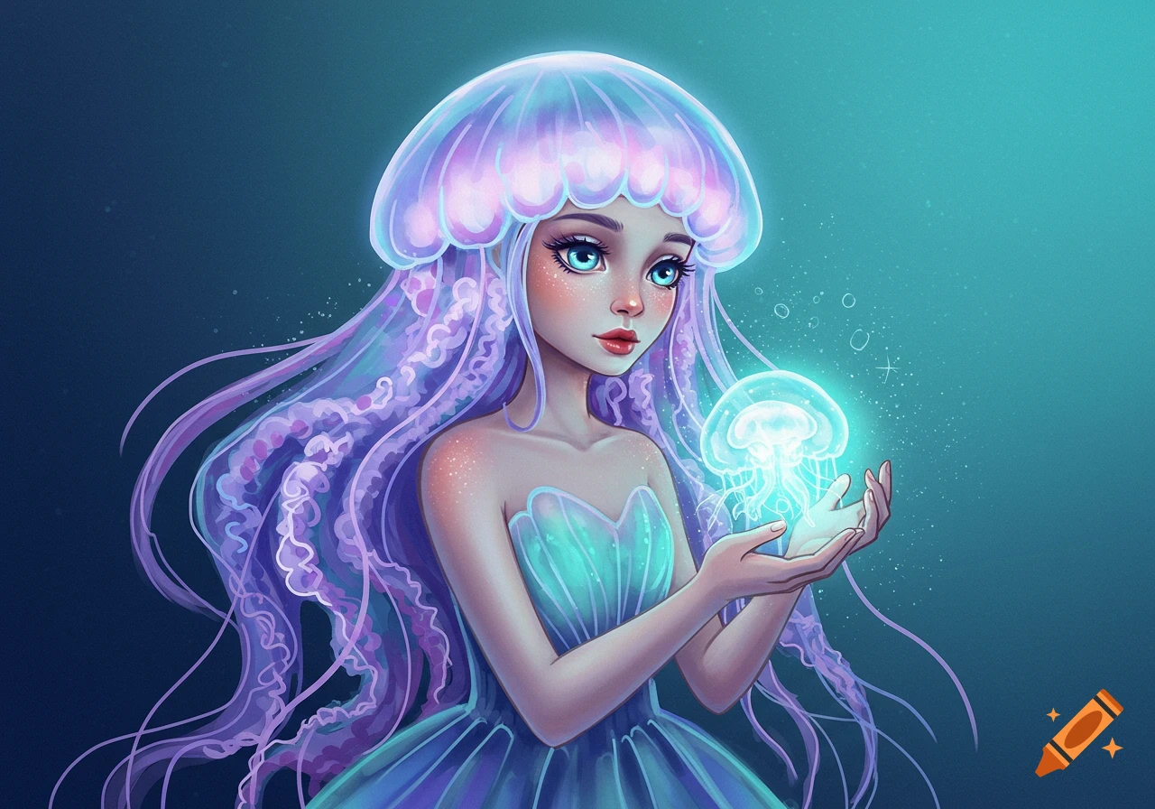 Stylized illustration of a girl with jellyfish features holding a glowing jellyfish.