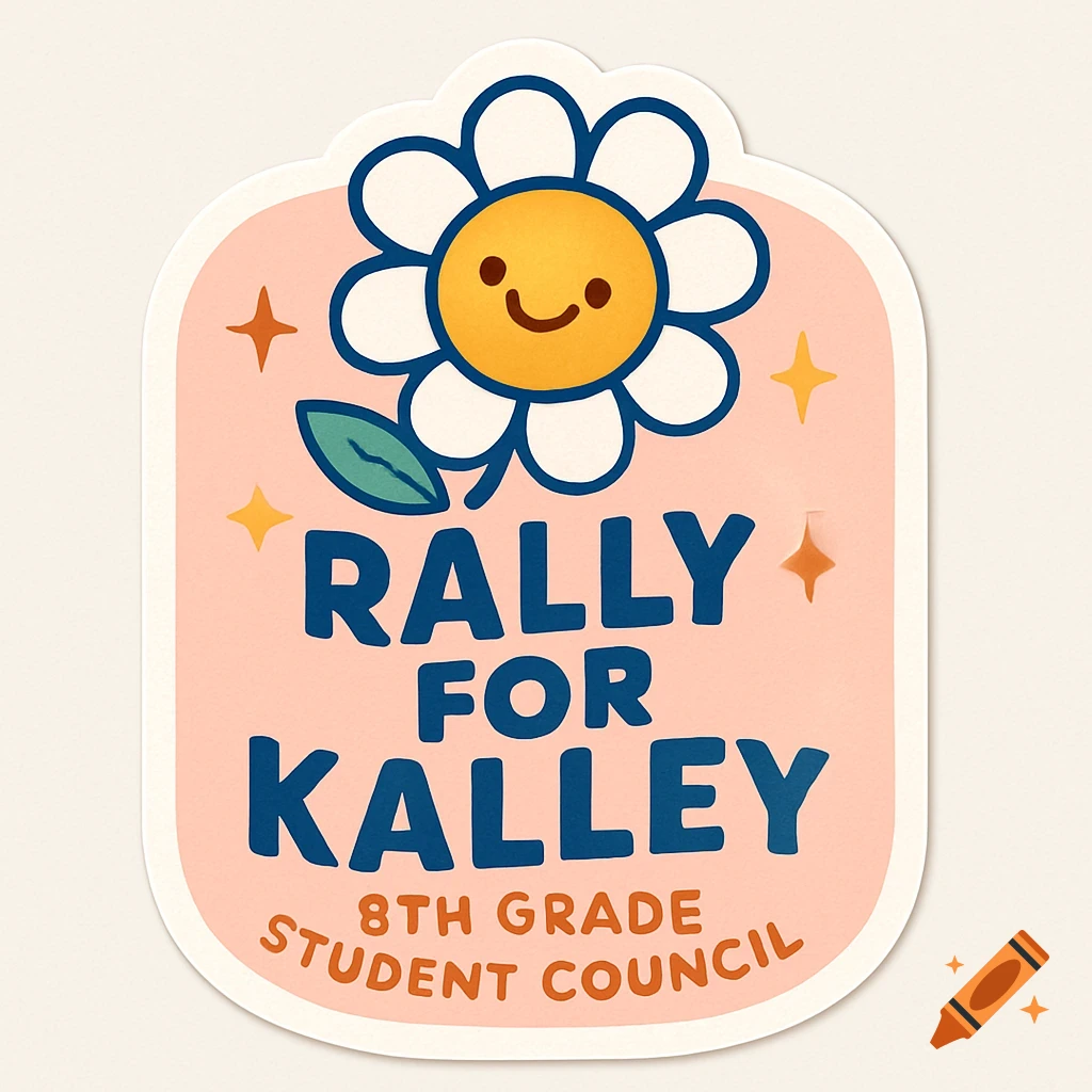 Pink sticker with a happy flower illustration and text reading 'RALLY FOR KALLEY 8TH GRADE STUDENT COUNCIL'.