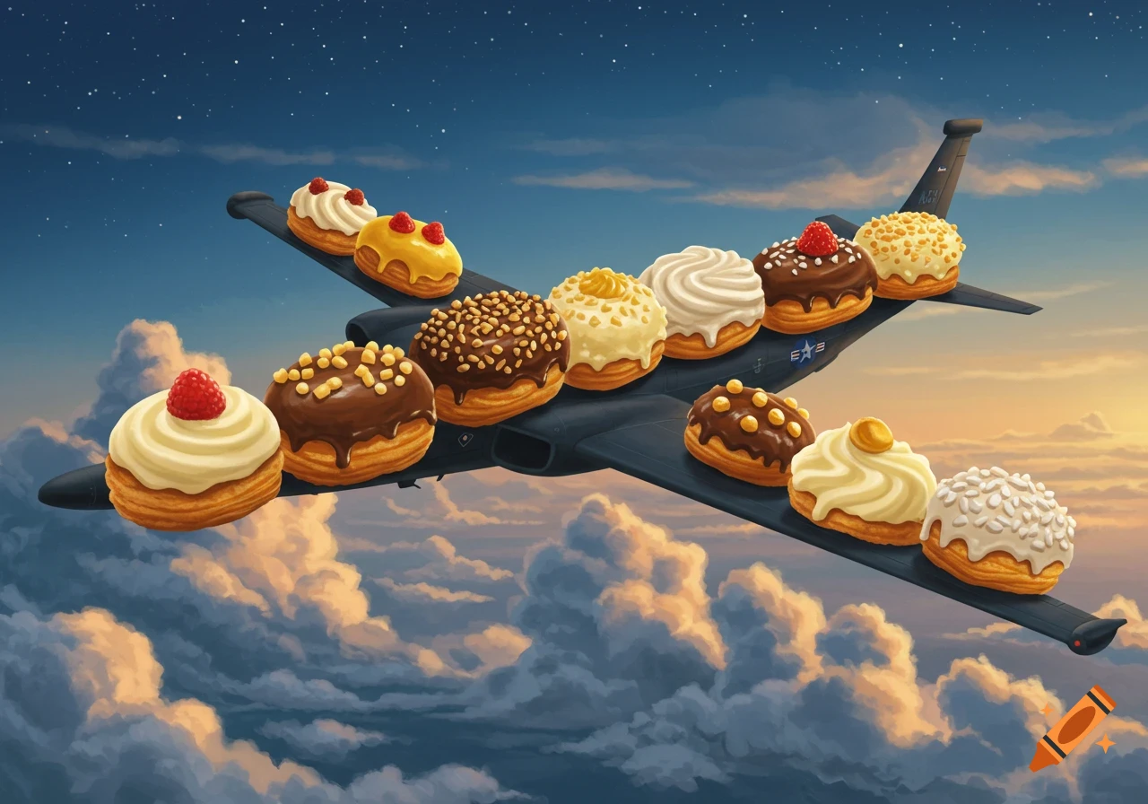 Eclairs and pastries sit on the wings of a plane flying through clouds at sunset.