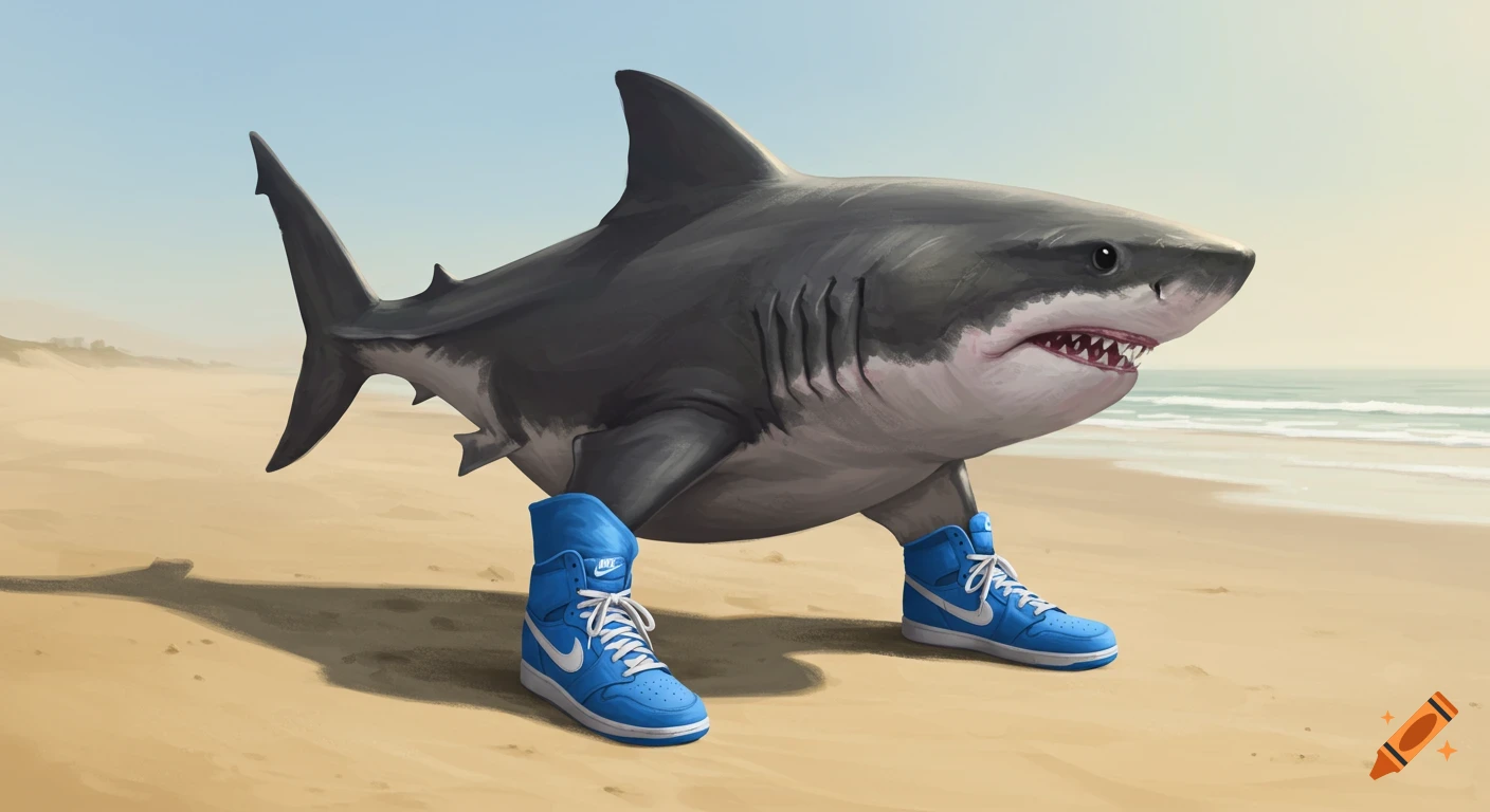 A shark wearing blue sneakers stands on a beach.