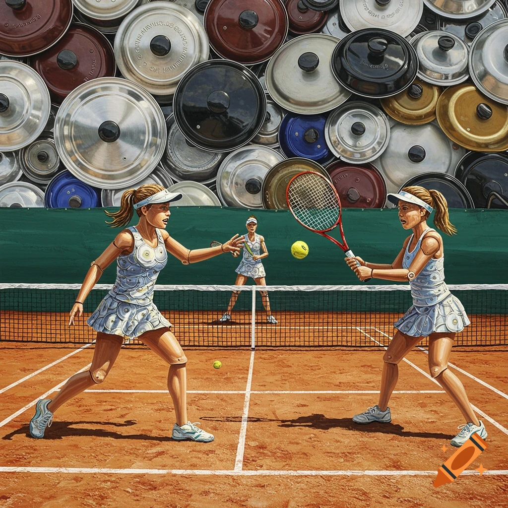 Wooden figures playing tennis on a clay court with a background made of pot lids.