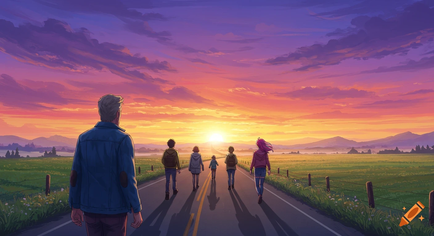 People walk down a road towards a vibrant sunset in a landscape, anime style.