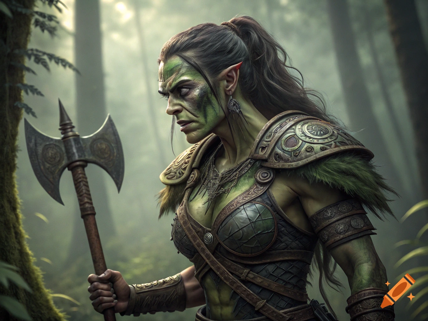 An orc woman in armor stands in a forest holding an axe.